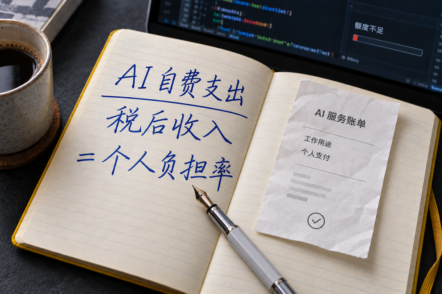 笔记本上的 AI 自费支出与税后收入比例公式,旁边为虚构 AI 服务账单